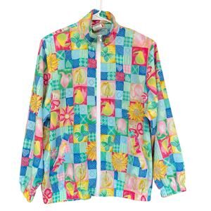 Vintage Womens Koret Jacket Large Full Zip Patchwork Cottagecore Butterfly Fruit